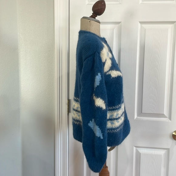 Vintage hand knit mohair button down floral blue cardigan sweater women’s size M - Picture 2 of 9